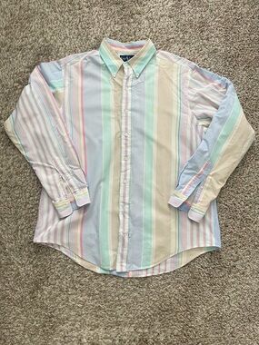 Vintage Ralph Lauren Shirt XL Hand Woven Cotton Pastel Multi Stripe Button Down